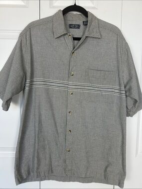 Ron Jon Gray Plaid Short-Sleeve Button Down Shirt with White Stripe Size Medium